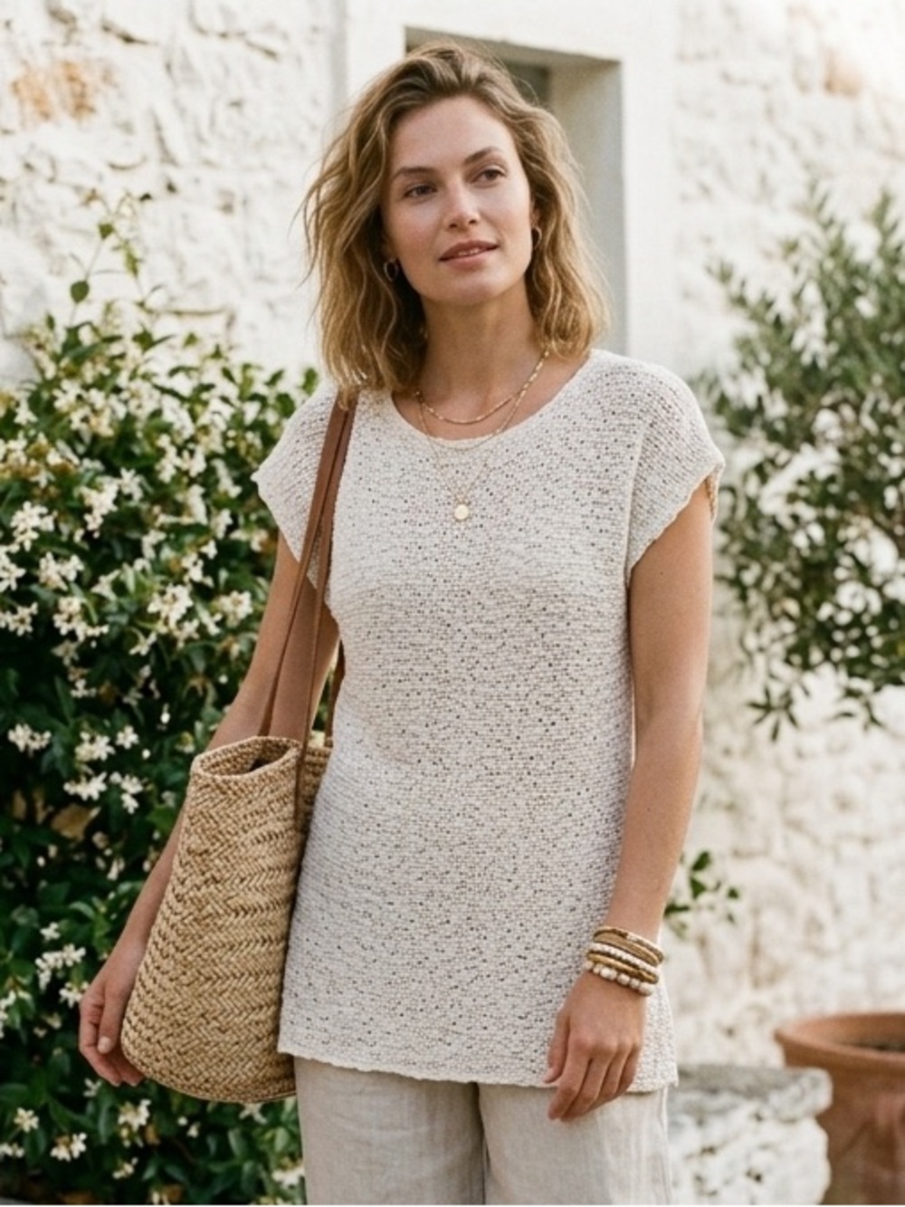 Eileen Fisher Slub Knit Crochet Top // Cream Boho Minimalist Cap Sleeve Tunic S